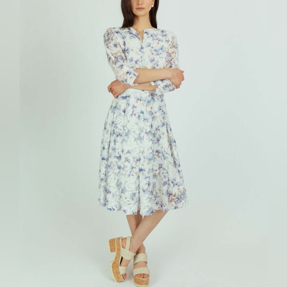 Nora Noh Dresses & Skirts - Nora Noh Indigo Pansy Dress Women’s Size 12 Floral 3D Midi 3/4 Sleeve Split Neck